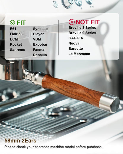 58mm Bottomless Portafilter 2 Ears For E61, Flair 58, ECM, Rocket, Sanremo, Synesso, Slayer, VBM Espresso Machine, Bottomless Naked Portafilter with 18g Filter Basket and Puck Screen - Rosewood