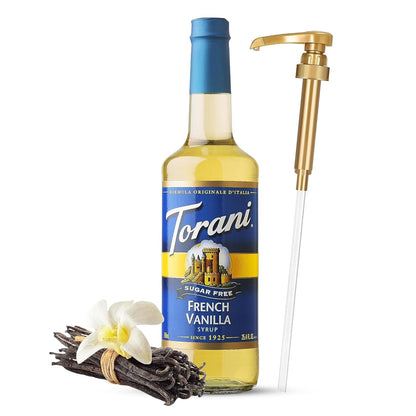 Jimoco® Syrup Pump Dispenser + Torani® Sugar Free French Vanilla Syrup, 25.4 oz - Coffee Syrup Pump & Flavoring Bundle