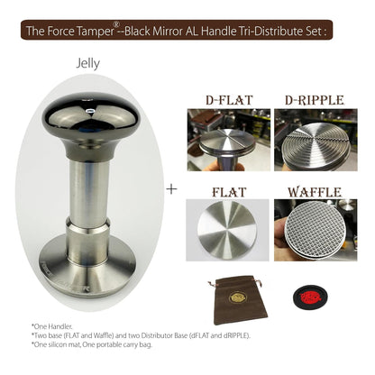 The Force Tamper Automatic Impact Adjustable Constant Pressure and Autoleveling Coffee Tamper Black Mirror Jellyfish AL Handle Set Pro (TRI-Distribute Set, 58.35mm)