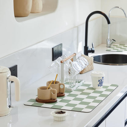 Checkered Dish Drying Mat for Kitchen Counter, Coffee Bar Station Accessories, Retro Cute Aesthetic Modern Absorbent Drainer Mat Kitchen Drying Mat Easy Clean, Sage 16" x 24"