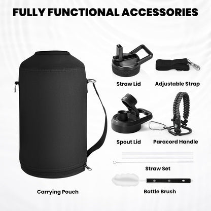 One Gallon Water Bottle Insulated, Triple Walled Vacuum Stainless Steel (Cold for 48 Hrs), Leak Proof & Non-BPA, Large Water Flask Jug with Paracord Handle & Straw Spout Lids