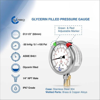 Stainless Steel Pressure Gauge Dual Display (-30/0 / +100 inHg/psi/kPa) - 2 1-2" Glycerine Liquid Filled Water Air Oil Gas Gauge with Polycarbonate Lens - Compound Vacuum -1/4" NPT