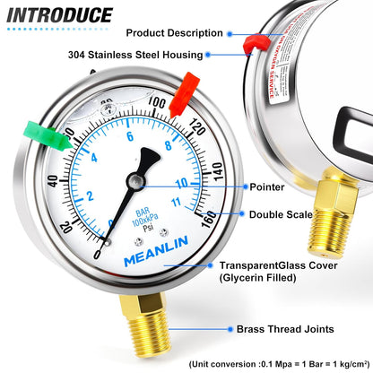 MEANLIN MEASURE 0~160Psi Liquid Filled Pressure Gauge 1/4" NPT 2.5" FACE DIAL Stainless Steel Glycerin Filled WOG Water Oil Air Lower Mount (with 2PCS Snaps)