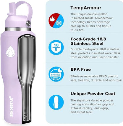 SENDESTAR 40oz Water Bottle Wide Mouth Stainless Steel Vacuum Insulated Double Wall with 2 Straw Lids Fit in Any Car Cup Holder