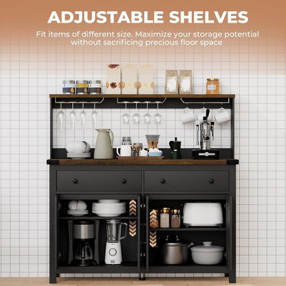 Hutch Storage Cabinet Buffet with Drawers, and Charging Station, Coffee Bar Cabinet with Barn Doors, Wine Rack and Hooks, Countertop, Long Farmhouse, Black, for Kitchen, Dining Room, 54.1" High