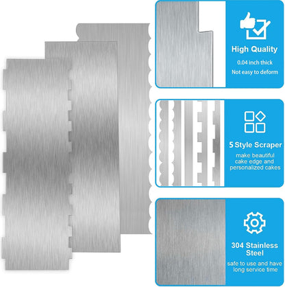 3 Pieces 8.7 Inche Stainless Steel Cake Scraper，Double Sided Patterned Edge Stripe Edge Smoother Scraper Cake Decorating，Cake Decorating Comb Cake Scraper (3, 3)