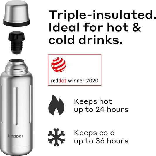 BOBBER 16 oz Vacuum Insulated Stainless Steel Water Bottle with Cup Lid – Dishwasher Safe – Keeps Drinks Hot for 24 Hours and Cold for 36 Hours – Triple Walled Coffee Thermos for Hot Drinks (Matte)