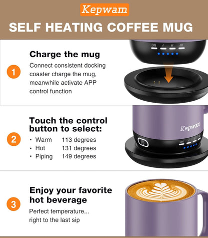 Self Heating Coffee Mug T1-16oz Fast Heating & Ultra Long-Lasting Battery Life, Heated Coffee Mug Up to 149℉ - Touch & App Controlled Coffee Mug, Birthday Gifts for Women and Men