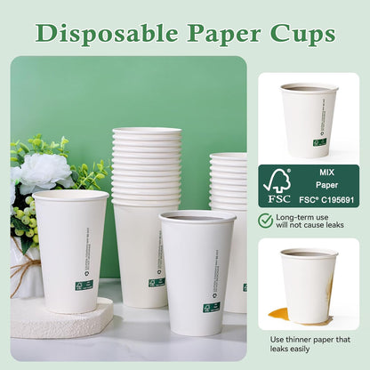 LITOPAK 210 Pack 16 oz Disposable Paper Coffee Cups, White FSC Hot Coffee Cups for Multiple Drinks for Office, Store, Home