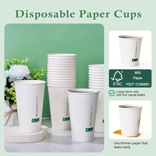 LITOPAK 210 Pack 16 oz Disposable Paper Coffee Cups, White FSC Hot Coffee Cups for Multiple Drinks for Office, Store, Home
