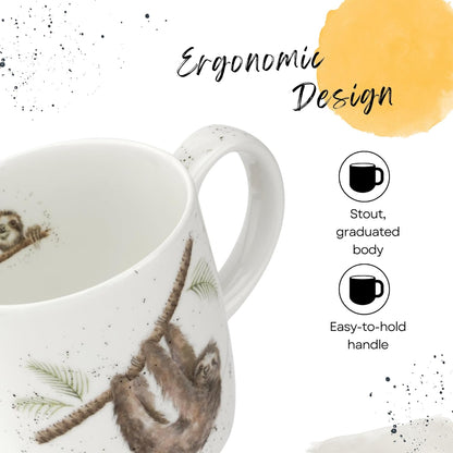 Royal Worcester Wrendale Designs Farmhouse Style Mug, Hanging Around - 14 oz Fine Bone China Mug with Sloth Illustration for Cozy Kitchen Vibes - Floral Drinkware for Daily Comfort