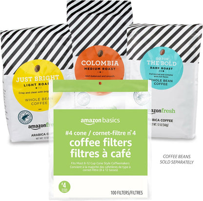 Amazon Basics Number 4 Cone Coffee Filters for 8-12 Cup Coffee Makers, White, 100 Count