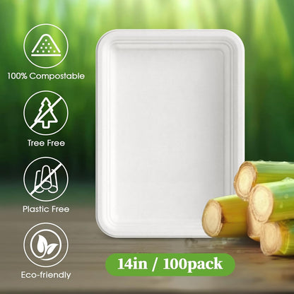 ECOLipak 100 Pack 14 Inch Disposable Food Crawfish Trays, Compostable Large Paper Plates, Disposable Thanksgiving Trays for Serving Food, Turkey, BBQ, Seafood Boil Party Supplies(White)