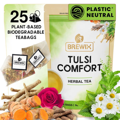 BREWIX, Tulsi Holy Basil Tea Bags (25 Pyramid Bags) | Tulsi Leaves | Holy Basil & Chamomile | Caffeine Free | Herbal Tea Bags | Calming, Fresh and Cool Flavor