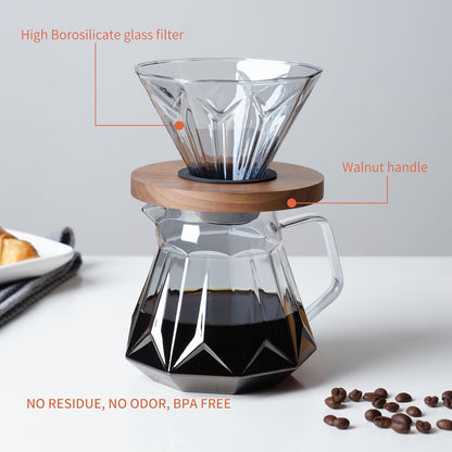 Pour Over Coffee Maker Set, 21 oz/620ml Glass Pour Over Coffee Dripper Filter Coffee Maker Kit Manual Grinder with Walnut Handle for Home Office Cafe Restaurant Camping (Grey)