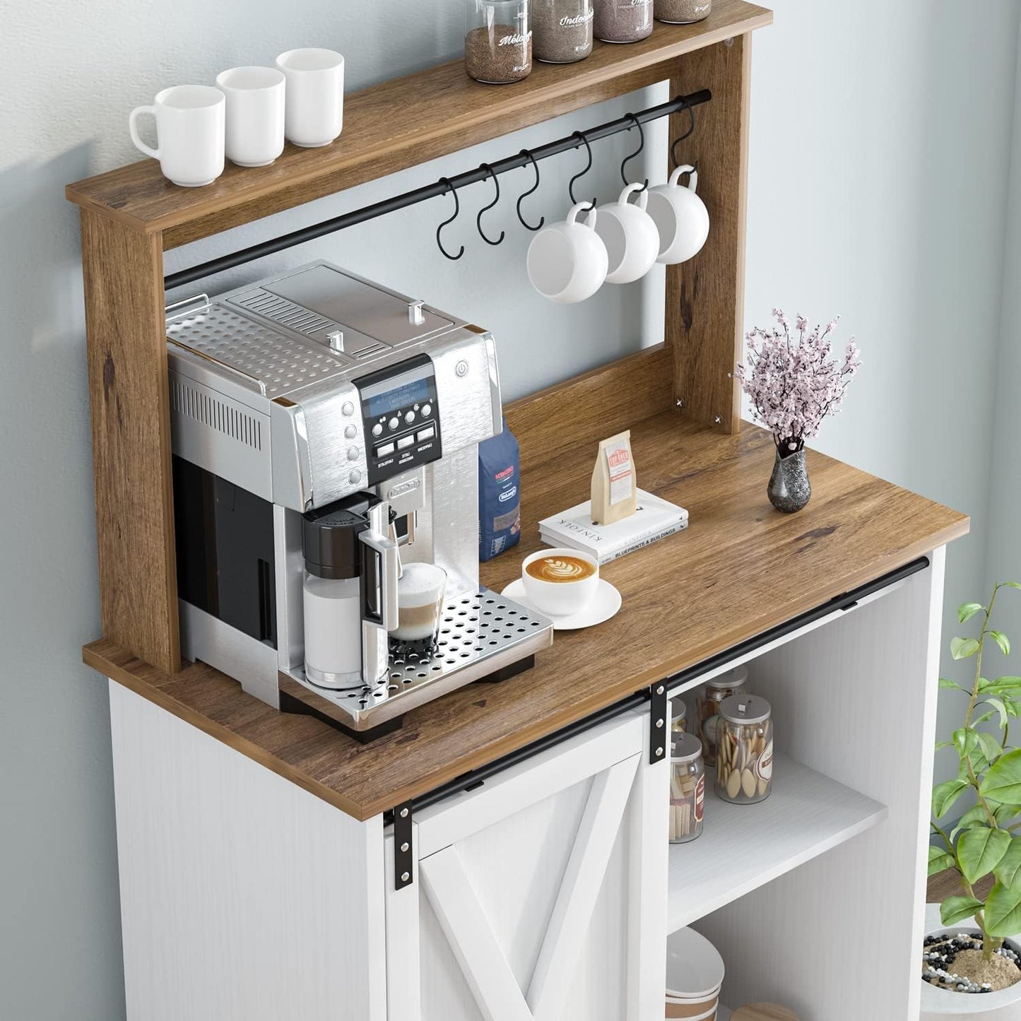 Farmhouse Coffee Bar with Hutch, White Coffee Bar Cabinet with Storage Sliding Barn Door, 31 Inch Buffet Cabinet with 6 Hooks, Coffee Bar Table with Adjustable Shelves for Living Dining Room