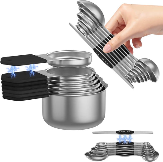 Magnetic Measuring Cups and Spoons Set - 304 Stainless Steel | Dual-sided Design | Set of 15 with Leveler | Strong N52 Magnetic Nesting Design | for Dry & Liquid Ingredients (Black)