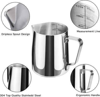 SIKEMAY Milk Frothing Pitcher Cup, 12oz/350ML Milk Frother Cup Stainless Steel Steaming Pitcher Milk Jug Coffee Latte with Art Pen Cappuccino Espresso Machine Accessories Barista Steam Pitchers Tools