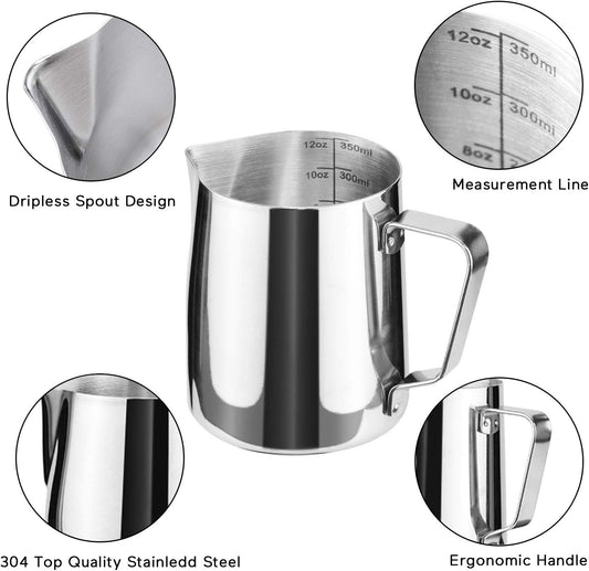 12oz Milk Frothing Pitcher, Stainless Steel Espresso Latte Cup Steaming Pitcher Creamer Cup, Milk Frother Cup Espresso Machine Accessories Barista Tools Jug for Coffee Cappuccino with Latte Art Pen