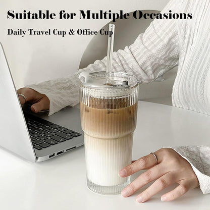 2 Pack Iced Coffee Cup with Lids, 20oz Clear Glass Tumbler with Straw & Lid, Ribbed Glassware Cups, Dishwasher Safe Drinking Glasses, Stylish Glass Cups for Coffee, Juice, Tea, Matcha