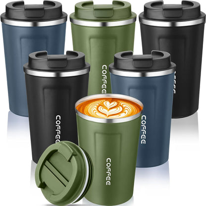 6 Pack Travel Coffee Mugs 12oz Double Wall Insulated Coffee Cups Bulk with Lid Vacuum Stainless Steel Leak Proof Reusable Portable Tumblers for Cold and Hot Drinks(Black, Blue, Green)