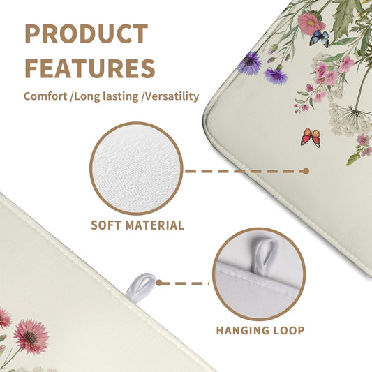 Spring Dish Drying Mat Summer Floral Flowers Kitchen Dish Drying Pad Absorbent Dish Dryer Mat for Kitchen Countertops Microfiber Dishes Drainer Pad Dish Drying Rack Mat (18x24 in)