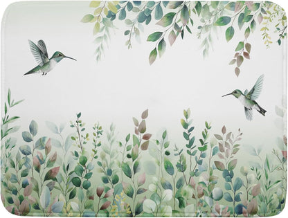 Giwawa Hummingbird Dish Drying Mat for Kitchen Countertop, Spring Summer Sage Green Eucalyptus Leaves Dish Drainer Mats, Herb Botanical Microfiber Dish Drying Pad Home Decor, 18"x24", Large