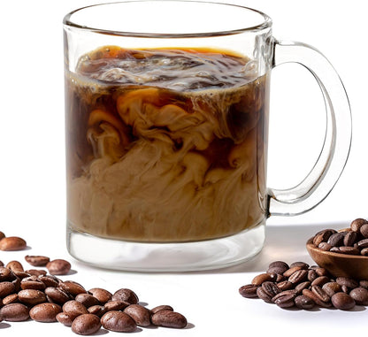 Vikko Glass Coffee Mug Set of 6, 10.75 Ounce Clear Mugs, Microwave and Dishwasher Safe