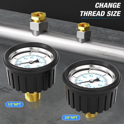 MEANLIN MEASURE 0~10Psi Stainless Steel 1/4" NPT 2.5" FACE DIAL Liquid Filled Pressure Gauge, Center Back Mount (with Rubber Protective Sleeve), with 1/2" NPT and 3/8" NPT Hex Bushing