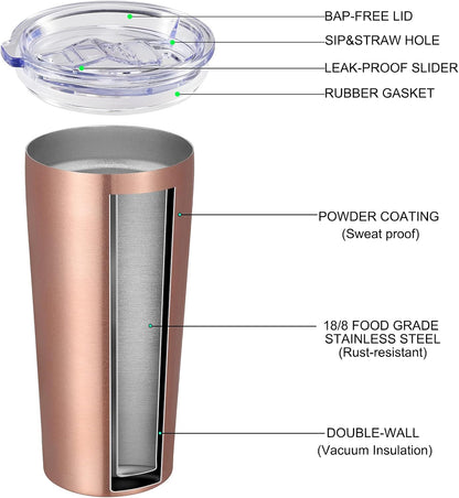VEGOND 20oz Tumbler Bulk with Lid and Straw 12 Pack, Stainless Steel Vacuum Insulated Tumbler, Double Wall Coffee Cup Travel Mug, Rose Gold
