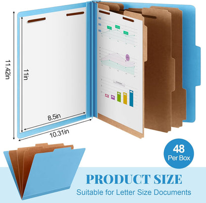 48 Pcs Classification Folders Letter Size, Back to School Supply for Teacher, Student, 3 Dividers Pressboard File Folder Bulk with 2 Fasteners, 3.5 Inch Expanding File Organizer (Blue)