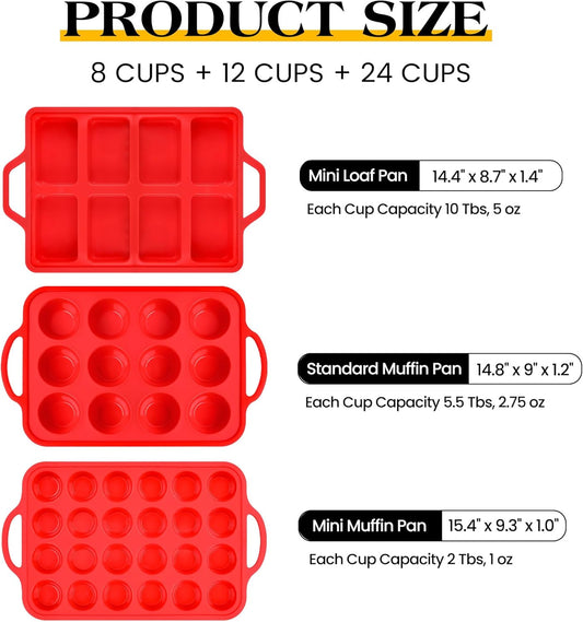 3 Pcs Silicone Baking Pan Set - Including 1 Pc Mini Loaf Pan, 1 Pc Standard Muffin Pan and 1 Pc Mini Muffin Pan - Silicone Cupcake Molds With Metal Reinforced Frame (Red)