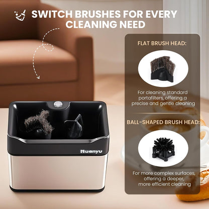 Huanyu Portafilter Cleaner Electric, 3L with Dual Brush Heads, 3 Scrapers for 58mm and 51mm Portafilters, Automatic Coffee Grounds Cleaning Machine