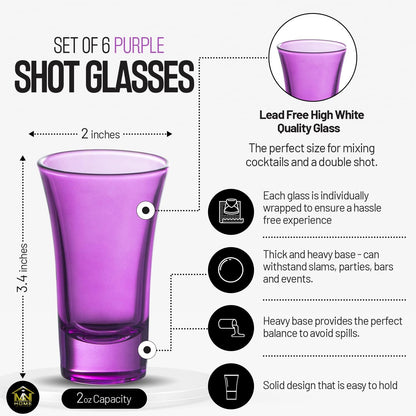 M&N HOME Purple Shot Glasses, 2 Oz Set of 6, Whiskey, Tequila, Cocktail, Round Glasses for Vodka, Spirits & Liquors