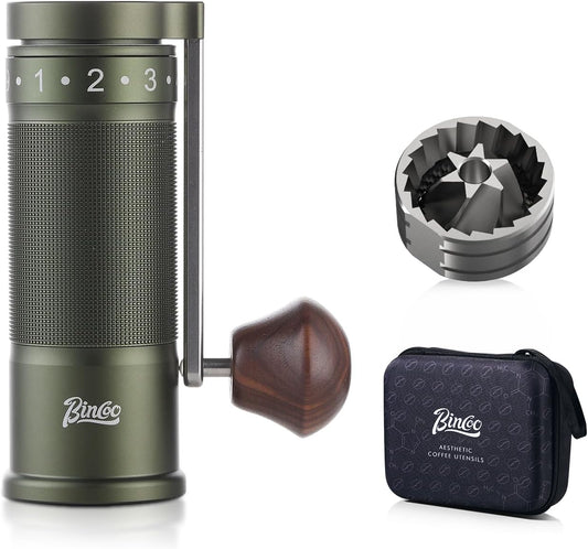 Bincoo Manual Coffee Grinder with Foldable Handle– External Setting Hand Coffee Grinder with Steel Burr,Compact and Portable for Home/Travel/Camping(Green)