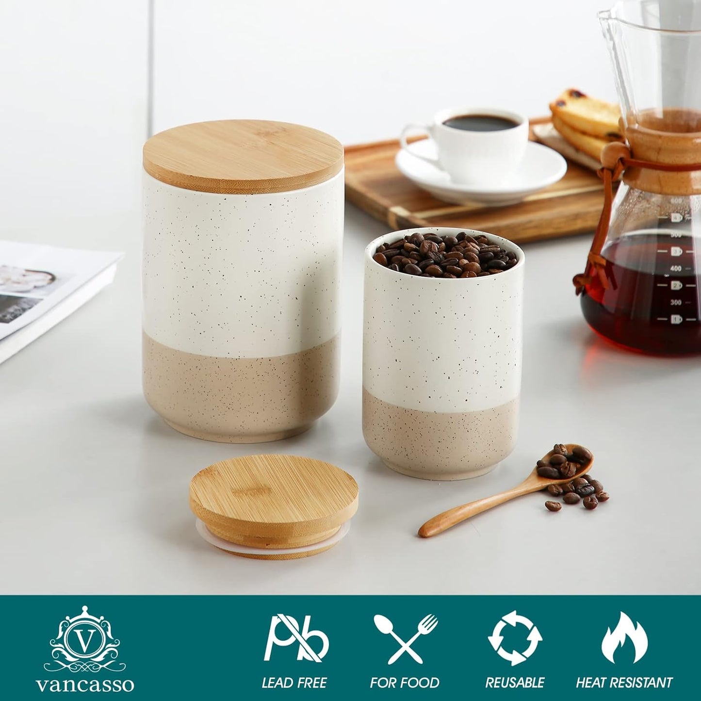 vancasso Sabine Coffee Storage Jar, 36 Oz Ceramic Kitchen Canister with Airtight Wood Lids, Coffee Container for Ground Coffee, Tea, Sugar, Nuts, Candy, Spices