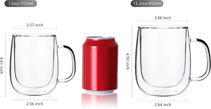 CNGLASS Large Double Wall Glass Coffee Mug 15.2oz,Clear Insulated Glass Espresso Cup with Big Handle,set of 1