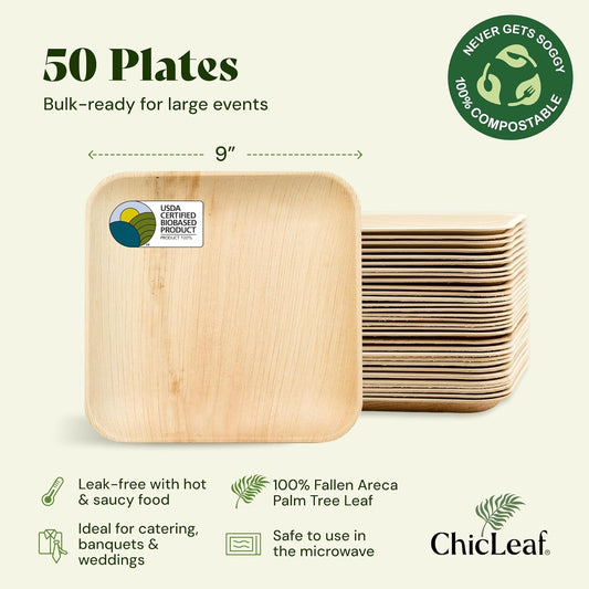 Chic Leaf Palm Leaf Bamboo Plates - 9-Inch Square, Pack of 50 - Eco-Friendly Compostable Platters - Microwave-Safe Disposable Plates - Durable Party Dishware