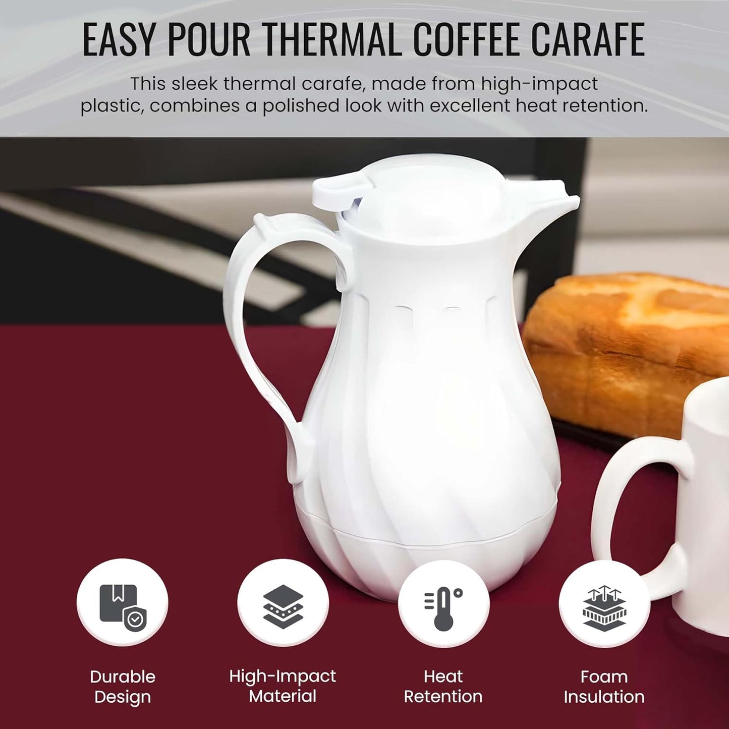 OCS Parts Easy Pour Thermal Coffee Carafe | 8-Inch Insulated Hot and Cold Beverage Pitcher Server for Coffee, Tea, Hot Chocolate and Water with Colored Tags for Easy Idenfication | 20-Ounce | White