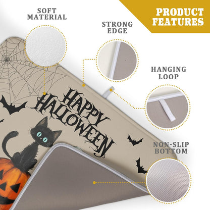 Happy Halloween Black Cat Ghost Dish Drying Mat for Kitchen Counter,Halloween Pumpkin Spiderweb Bat Drying Mat 18 x 24 Inch with High Absorbent Microfiber Drainer Mat for Coffee Bar