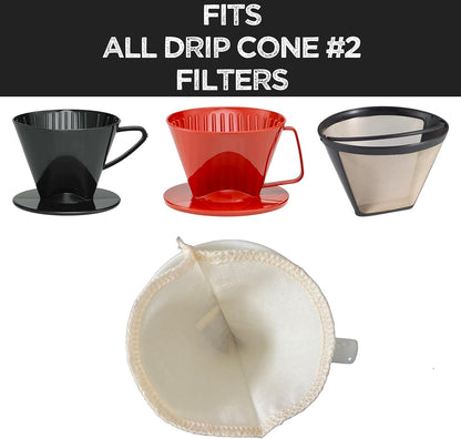(2-Pack) Reusable Organic Cotton Cone #2 Coffee Filter — Cloth Filters for Coffee Dripper, Pour Over Coffee Dripper & Coffee Makers that Use 2-6 Cup Cone Coffee Filters
