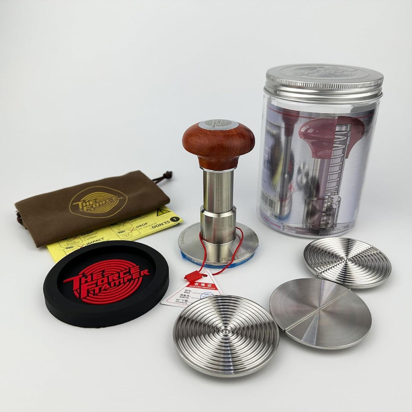 The Force Tamper Automatic Impact Adjustable Constant Pressure and Autoleveling Coffee Tamper Reddish Brown Jellyfish Wooden Handle Set Pro (Duo-Distribute Set, 53.00mm)