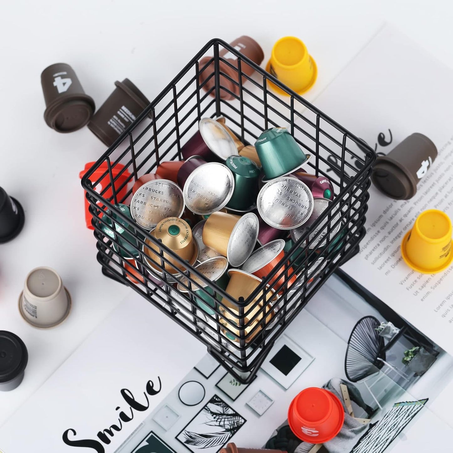 Black Wire Coffee Pod Holder Basket,Large Capacity Metal K Cup Holder Organizer,Storage Basket for Kitchen Countertop Office Coffee Bar Accessories,Creamer and Syrup Organizer