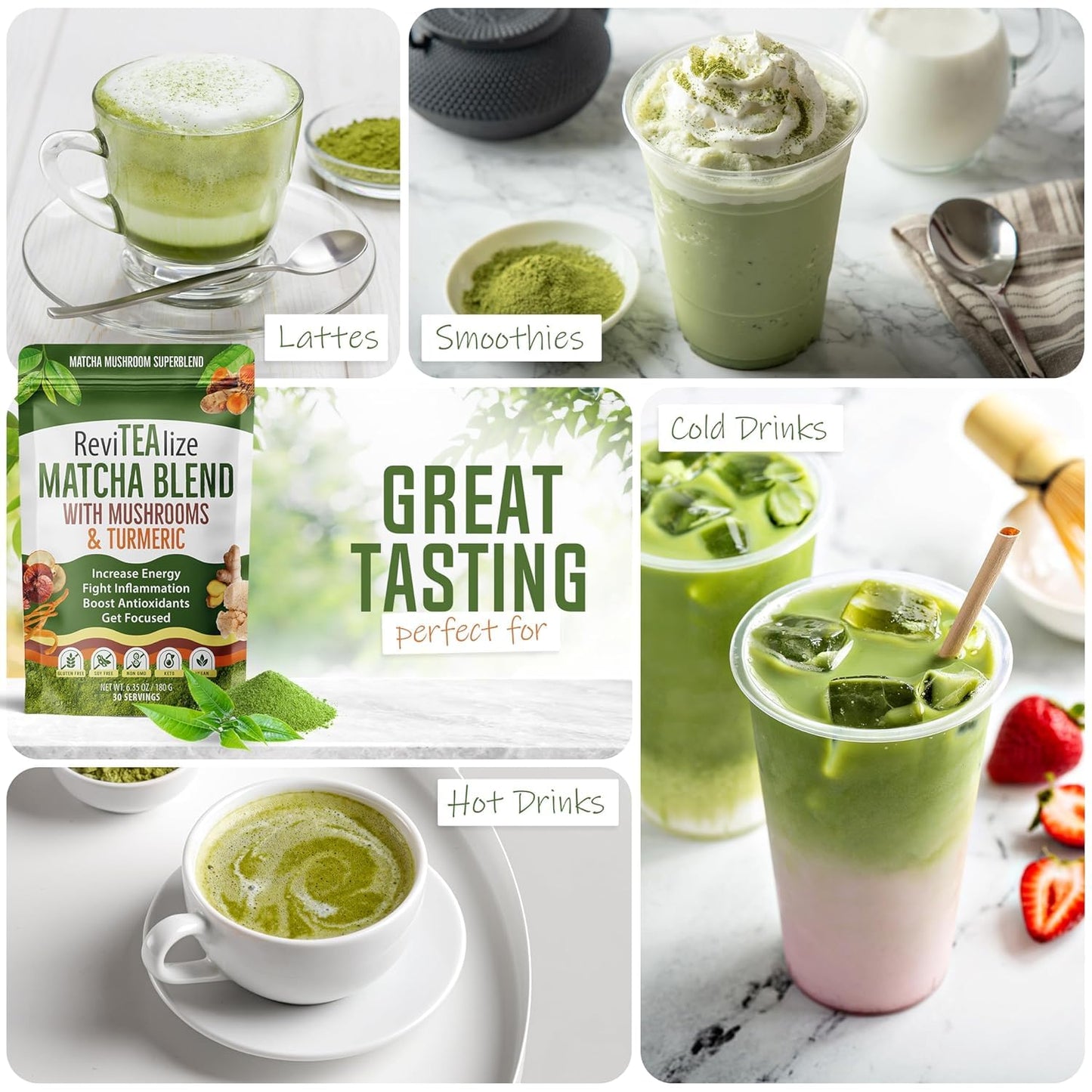 ReviTEAlize Organic Matcha Mushroom Powder - Organic Ceremonial Grade - Coffee Alternative - Latte (60 Servings)