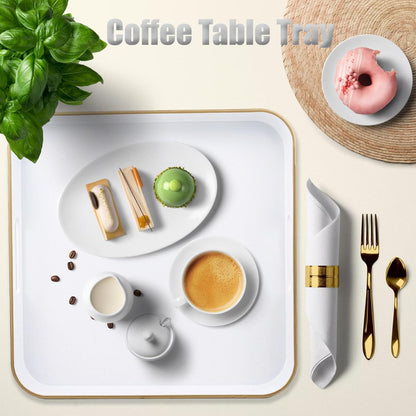 White Square Decorative Tray with Handles, 13"*13" Versatile Serving Tray for Coffee Table, Ottoman, Ideal for Serving, Displaying, Organizing