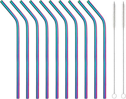 10 Pcs Stainless Steel Straws, Reusable Drinking Straws, Bent Metal Straw Sets with 2 Pcs Cleaning Brushes (Colorful, 10.5 Inch)