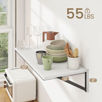 Dreamland Floating Shelves for Wall, 12 Inch Deep Floating Shelves Set of 2, 30W x 12D Large Wall Shelf with Sturdy Metal Brackets for Living Room, Bathroom, Bedroom and Kitchen, White