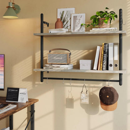 Bestier Pipe Shelf Industrial Floating Shelving 31" Kitchen Wall-Mounted Shelves with 8 Towel Bar Hooks Coffee Bar Shelf Wine Hanging Display Rack Bookshelf Living Room Decor Bathroom-Retro Grey