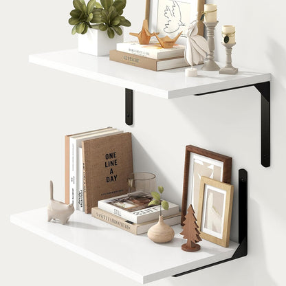 Fun Memories Floating Shelves for Wall, 12 Inch Deep Floating Shelves Set of 2, Wall Mounted Shelf with Metal Brackets, Rustic Wood Wide Shelf for Bathroom, Kitchen and Living Room, White, 24W x 12D