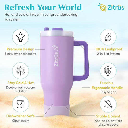 40 oz Tumbler with Handle and Straw | Leak Proof Insulated Stainless Steel Water Bottle Travel Mug Fits in Cup Holder | Keeps Cold Hot | Gifts for Women Men Him Her (Violet, 40 oz)